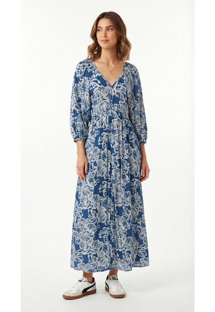 Vestido Largo Azul Para Mujer Con Escote Profundo