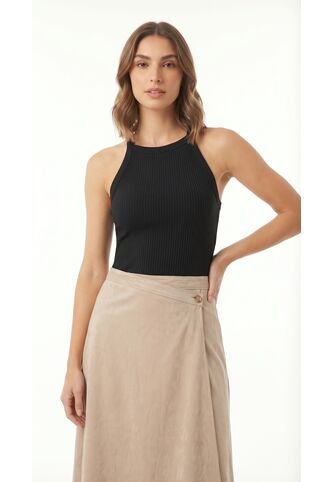 Camiseta Negra  En Rib Manga Sisa Para Mujer Belife