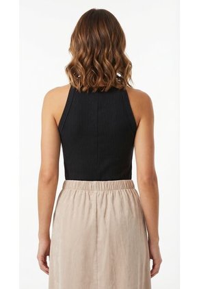 Camiseta Negra  En Rib Manga Sisa Para Mujer