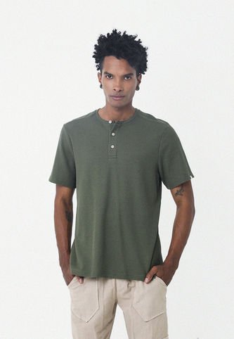 Camiseta Verde Con Cuello Redondo Henley Para Hombre Belife- Belife