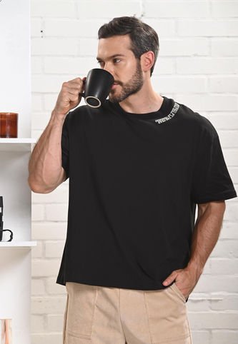 Camiseta Manga Corta Estampada Negra Para Hombre Belife