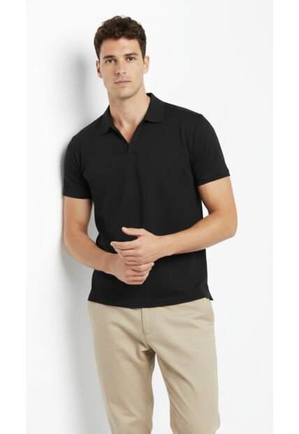 Camiseta Polo Negra Cuello Cubano Para Hombre