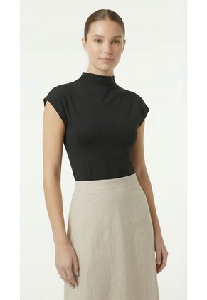 Blusa Negra Manga Sisa Cuello Alto Mujer