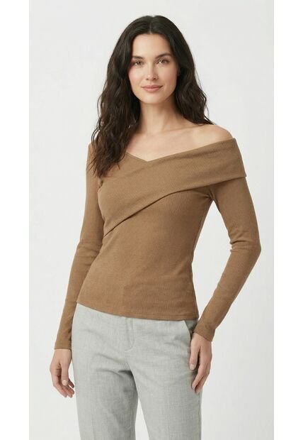 Camiseta Manga Larga Café Con Escote Cruzado Para Mujer