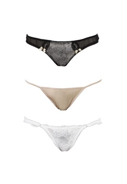 Trio Panty Hilo Mujer Besame Negro Blanco Beige