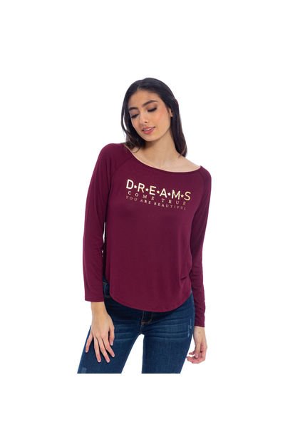 Mila Blusa Para Dama Color Vinotinto Bocared Manga Larga Con Estampado En Delantero