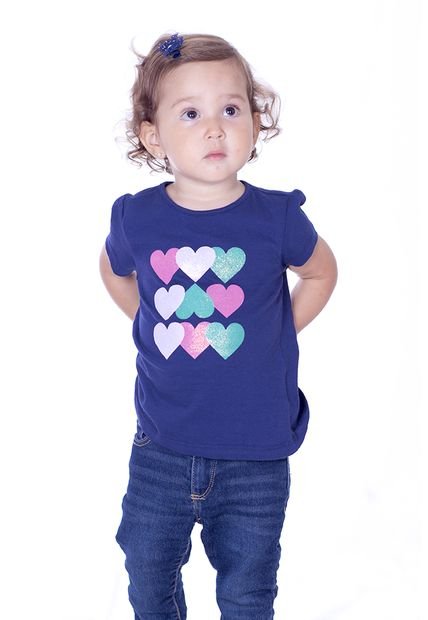 Blusa Color Azul Oscuro Para Niña Manga Corta Cuello Redondo Con Estampado En Delantero Cara