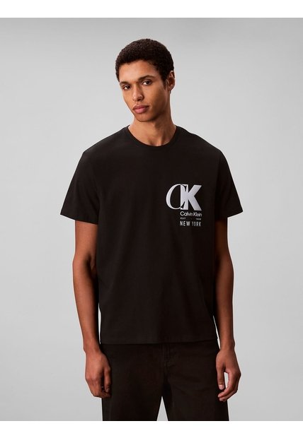Camiseta Negra Con Estampado De Logo Con Efecto Entrelazado Calvin Klein