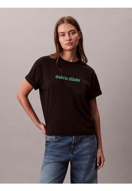 Camiseta Negra De Manga Corta Con Logo Bordado En 3D Calvin Klein