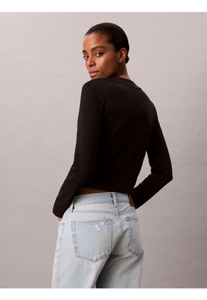 Camiseta Negra Manga Larga Ajustada Con Monograma Calvin Klein