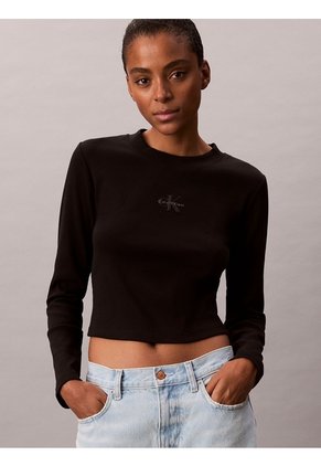 Camiseta Negra Manga Larga Ajustada Con Monograma Calvin Klein