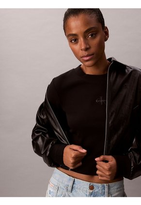 Camiseta Negra Manga Larga Ajustada Con Monograma Calvin Klein