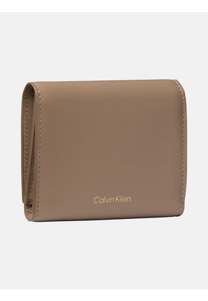 Billetera Beige De Plegado Triple De Cuero Con Logo Monograma Emblemático Calvin Klein