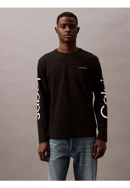 Camiseta Negra De Manga Larga Con Logo Viajero Calvin Klein