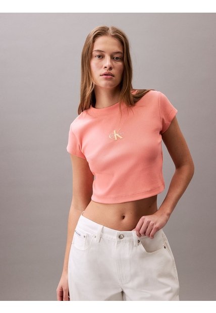 Camiseta Beige Ajustada Con Monograma Calvin Klein