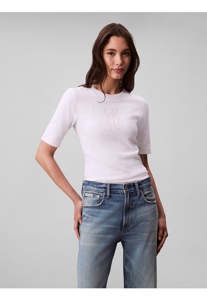 Camiseta Blanca De Algodón Con Logotipo Calvin Klein