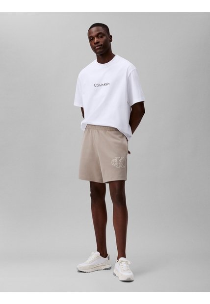 Pantaloneta Beige De Punto De Canalé Con Monograma Bordado Calvin Klein