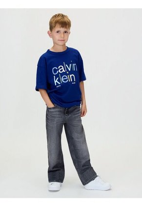 Camiseta Azul De Manga Corta Con Estampado De Logo Multicolor Calvin Klein