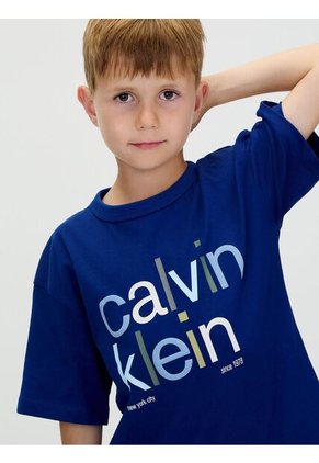 Camiseta Azul De Manga Corta Con Estampado De Logo Multicolor Calvin Klein