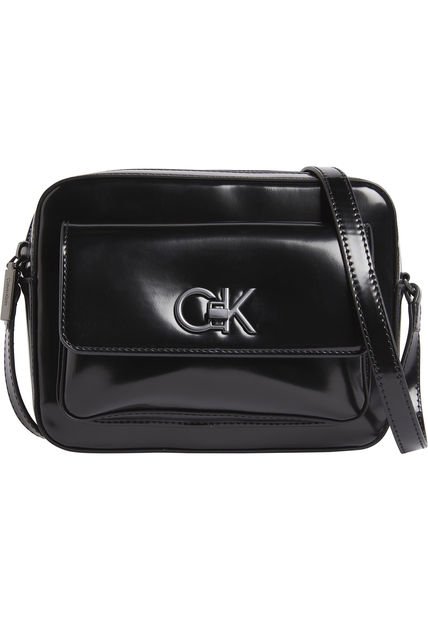 Bolso Negro Re-lock Con Acabado Brillante Calvin Klein