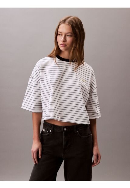 Camiseta Blanca Boxy A Rayas Cropped Calvin Klein