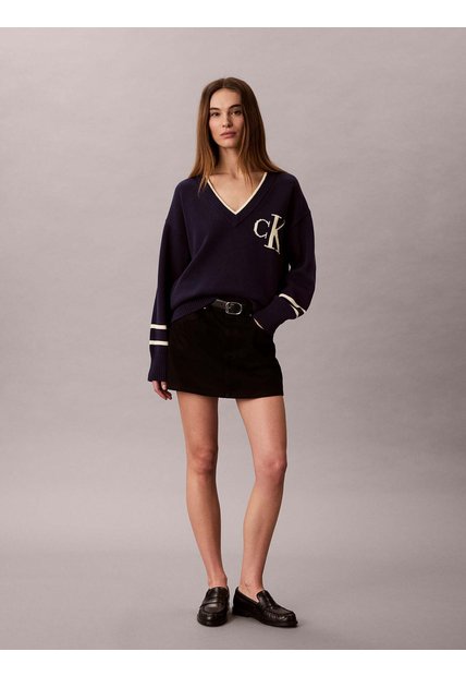 Saco Azul Tejido De Cuello En V Con Logo Calvin Klein