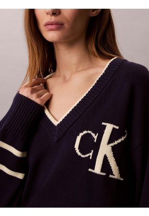 Saco Azul Tejido De Cuello En V Con Logo Calvin Klein
