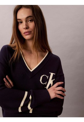 Saco Azul Tejido De Cuello En V Con Logo Calvin Klein