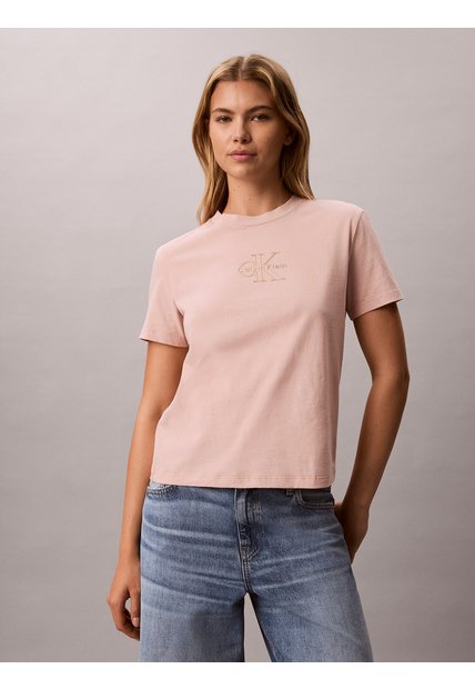 Camiseta Beige Clásica Con Monograma Metalizado Calvin Klein