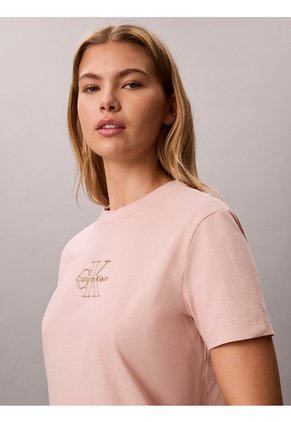 Camiseta Beige Clásica Con Monograma Metalizado Calvin Klein