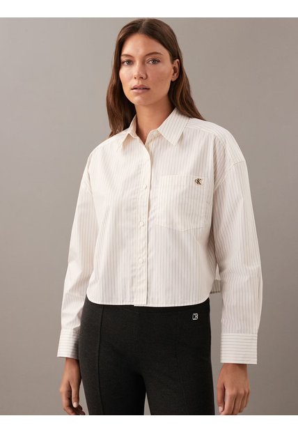 Camisa Beige Manga Larga Cropped De Algodón Calvin Klein
