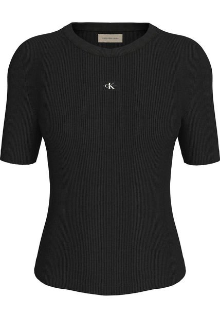 Camiseta Negra Slim Canalé De Algodón Calvin Klein