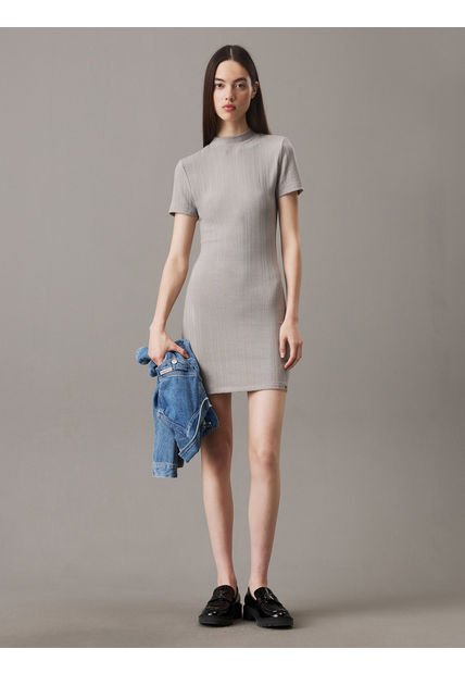 Vestido Gris Corto Slim De Canalé Texturizado Calvin Klein