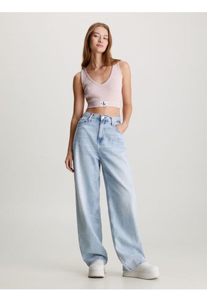 Crop Top Rosado Cropped Slim De Canalé Algodón Para Mujer Calvin Klein