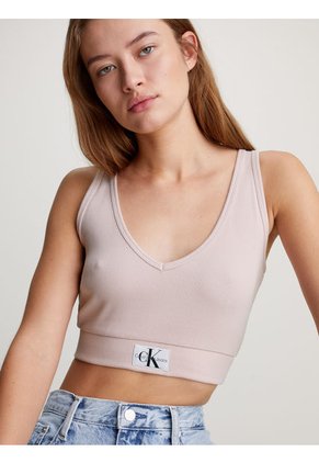 Crop Top Rosado Cropped Slim De Canalé Algodón Para Mujer Calvin Klein
