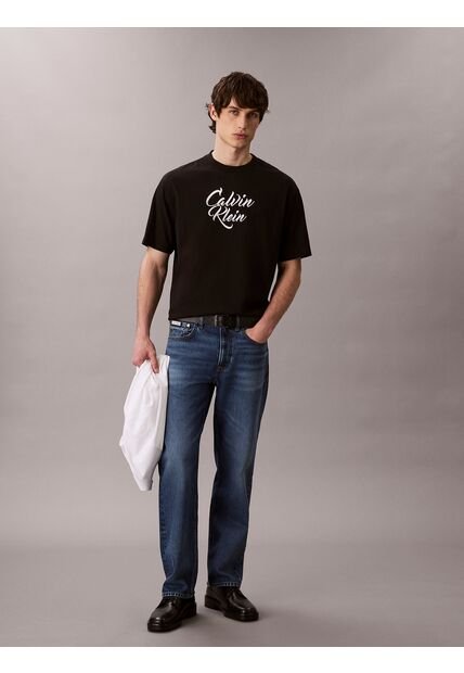 Camiseta Negra De Algodón Grueso Con Logo Cursivo Calvin Klein