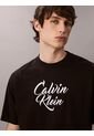 Camiseta Negra De Algodón Grueso Con Logo Cursivo Calvin Klein de Calvin Klein