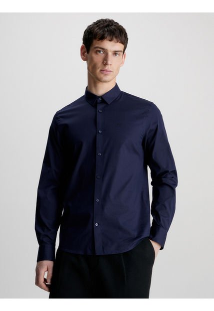 Camisa Azul Slim De Popelín Elástico Calvin Klein