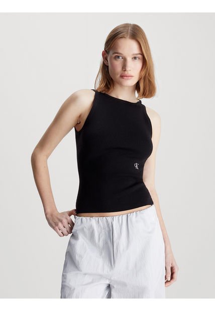 Camiseta Negra Tejido Slim De Canalé Con Espalda Anudada Calvin Klein