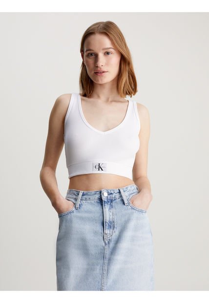 Crop Top Blanca Cropped  Slim De Canalé Algodón Para Mujer Calvin Klein