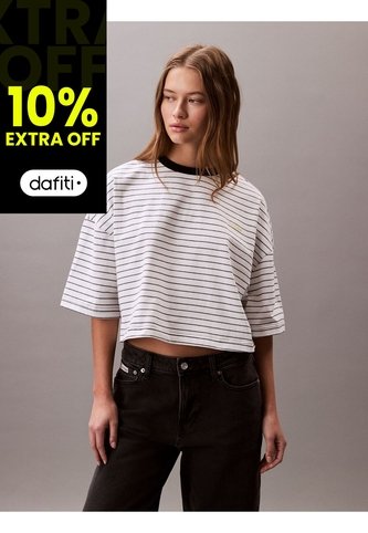 Camiseta Blanca Boxy A Rayas Cropped Calvin Klein Calvin Klein