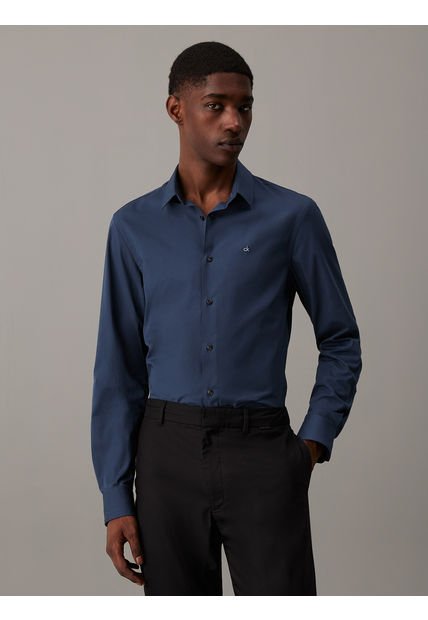 Camisa Negra Slim De Popelín Elástico Calvin Klein