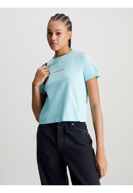 Camiseta Celeste Cropped Con Monologo Para Mujer Calvin Klein