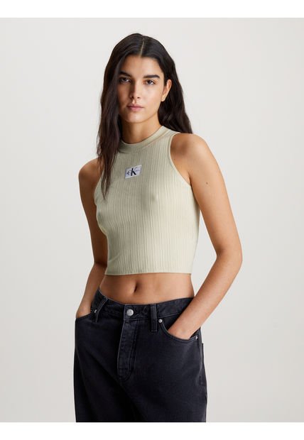 Camiseta Verde Top Cropped Lyocell Canalé Suave Calvin Klein