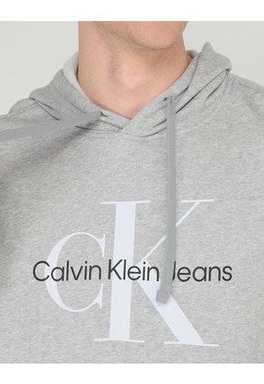 Buzo Gris Con Gorro Y Logo Celeste Calvin Klein