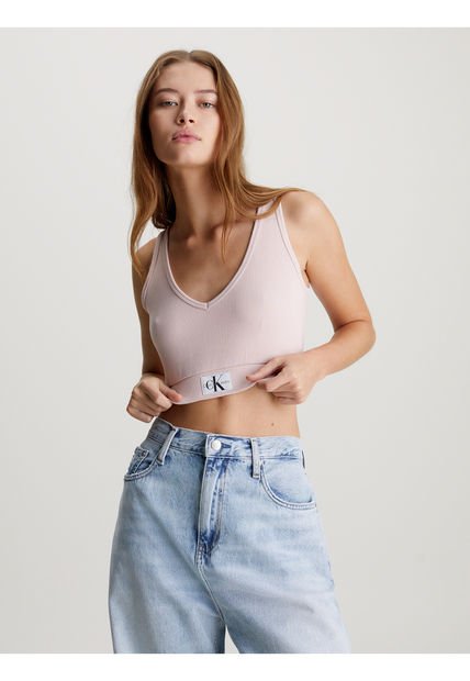 Crop Top Rosado Cropped Slim De Canalé Algodón Para Mujer Calvin Klein