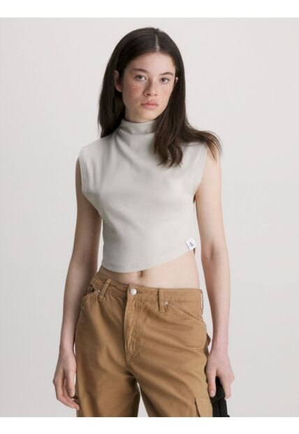 Camiseta De Tirantes Cropped De Punto De Canalé Mujer Beige Calvin Klein
