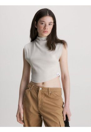 Camiseta De Tirantes Cropped De Punto De Canalé Mujer Beige Calvin Klein