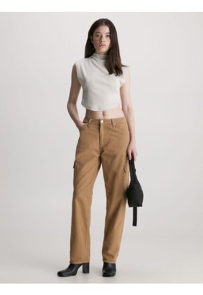 Camiseta De Tirantes Cropped De Punto De Canalé Mujer Beige Calvin Klein