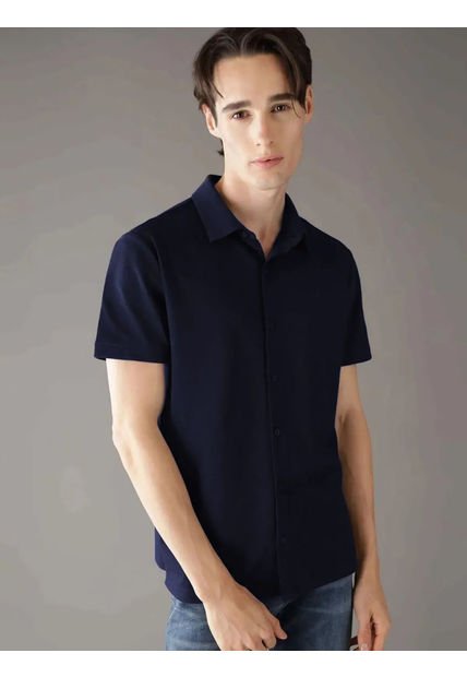 Camisa Azul Manga Corta De Tejido Interlock Suave Calvin Klein